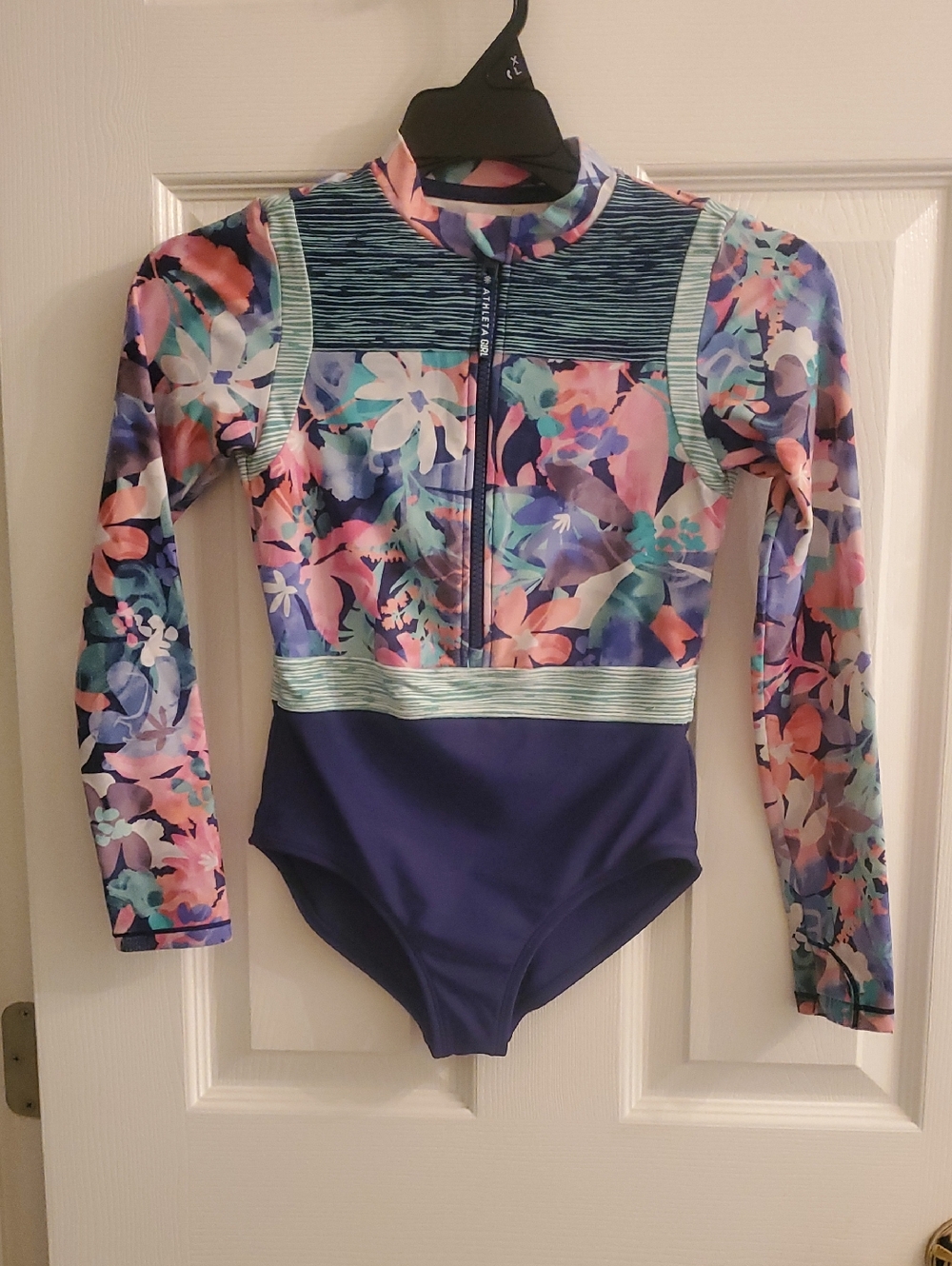 Athleta Girl Floral Rash Guard One Piece Swimsuit Long Sleeve Zip Size 8/10